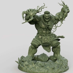 May include: A green figurine of the Hulk, a muscular character, holding two smaller figures. The Hulk is in a dynamic pose, with a fierce expression. The figurine has intricate details, including clothing and accessories.