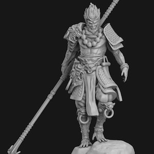 May include: A detailed grayscale sculpture of a warrior figure, standing on a rock. The figure is clad in ornate armor and holds a staff. The sculpture features intricate details, including facial features, clothing, and accessories.