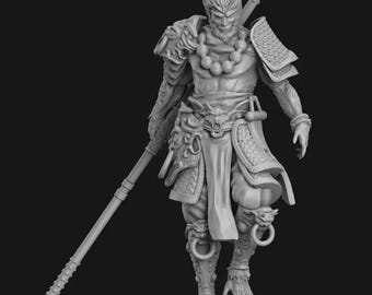 May include: A detailed grayscale sculpture of a warrior figure, standing on a rock. The figure is clad in ornate armor and holds a staff. The sculpture features intricate details, including facial features, clothing, and accessories.
