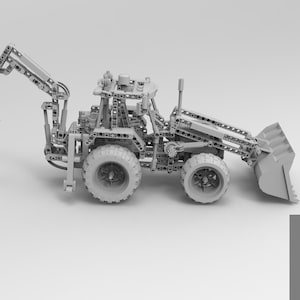May include: A light gray toy backhoe loader with a detailed design. The model features a front bucket and a rear excavator arm, both with articulated movement. The tires are large and textured. The image includes the text "EAGLE 3D STORE".