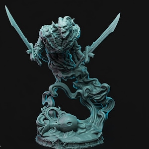 May include: A detailed, teal-colored fantasy figurine of a demonic figure with horns, holding two swords. The figure has a skeletal appearance and is surrounded by swirling smoke. The base features an ornate design with a skull.