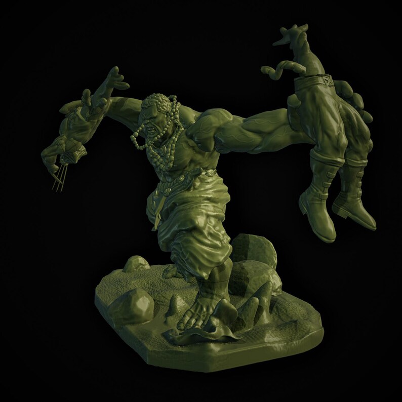 May include: A green figurine of a muscular figure holding two smaller figures. The central figure wears a draped garment and beaded necklace. The base is textured with rocks. The overall design suggests a fantasy or mythological theme.
