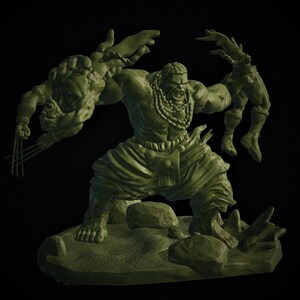 May include: A green sculpture of the Hulk holding Wolverine. The Hulk is wearing a necklace and loose pants. Wolverine has his claws extended. The sculpture is on a rocky base.