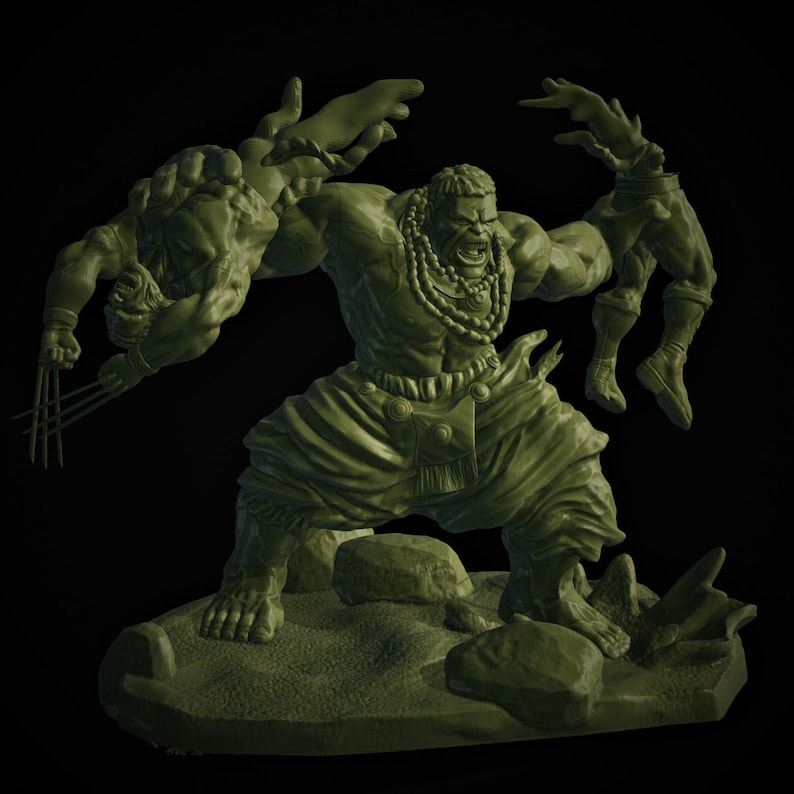 May include: A green sculpture of the Hulk holding Wolverine. The Hulk is wearing a necklace and loose pants. Wolverine has his claws extended. The sculpture is on a rocky base.