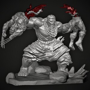 May include: A gray sculpture of the Hulk in a dynamic pose, holding figures of Wolverine and another character. The Hulk is wearing a necklace and traditional clothing. Red accents highlight the severed limbs. The sculpture is on a rocky base.