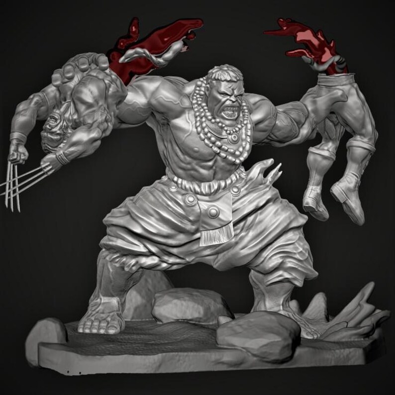 May include: A gray sculpture of the Hulk in a dynamic pose, holding figures of Wolverine and another character. The Hulk is wearing a necklace and traditional clothing. Red accents highlight the severed limbs. The sculpture is on a rocky base.