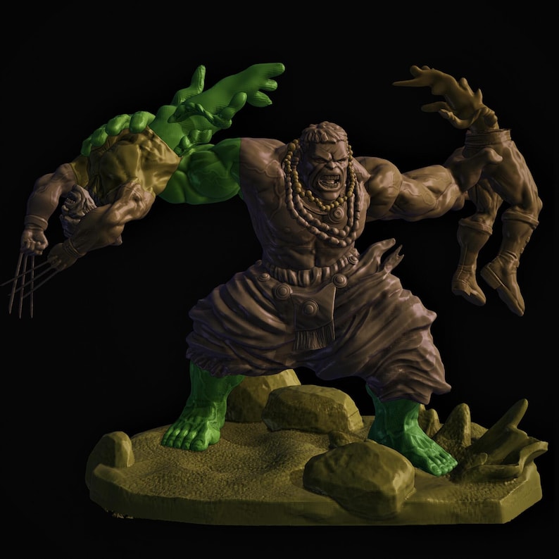 May include: A detailed sculpture of the Hulk in a dynamic pose, holding two figures. The Hulk is primarily brown with green accents on his feet and parts of his arms. He wears a draped outfit and stands on a textured base.