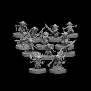 May include: A set of 10 gray plastic miniature figurines of goblins, each with a unique pose and weapon. The goblins are holding various weapons, including swords, spears, and staffs. The figurines are all standing on circular bases.