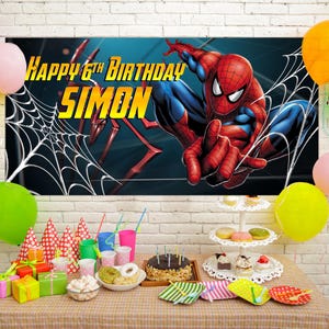 May include: A birthday party scene with a banner featuring Spider-Man, the text "Happy 6th Birthday Simon", and colourful balloons. A table is set with a cake, gifts, and party supplies.