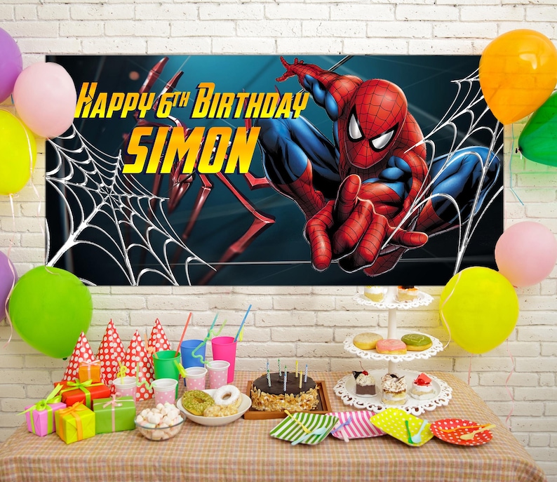 May include: A birthday party scene with a banner featuring Spider-Man, the text "Happy 6th Birthday Simon", and colourful balloons. A table is set with a cake, gifts, and party supplies.