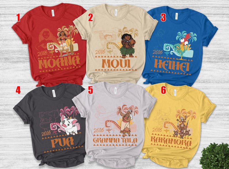 May include: Six short-sleeved t-shirts in red, beige, blue, dark gray, light gray, and yellow. Each shirt features a character graphic from the movie Moana, the year 2016, and the character's name printed in a stylized font with palm tree accents.