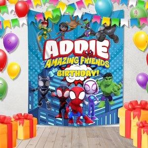 May include: A birthday party backdrop featuring the text "Addie and His Amazing Friends 3rd Birthday!" with cartoon superhero characters. Colorful balloons and gift boxes decorate the scene, creating a festive atmosphere.