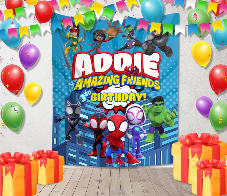May include: A birthday party backdrop featuring the text "Addie and His Amazing Friends 3rd Birthday!" with cartoon superhero characters. Colorful balloons and gift boxes decorate the scene, creating a festive atmosphere.