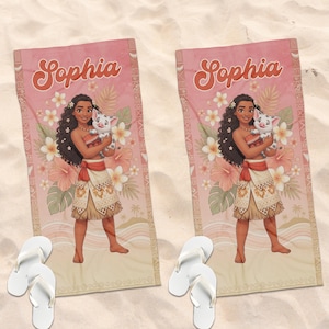 May include: Two rectangular beach towels featuring a cartoon character with long dark hair holding a small pig, surrounded by tropical flowers and palm leaves. The name Sophia is printed in a large orange script font at the top of each towel.