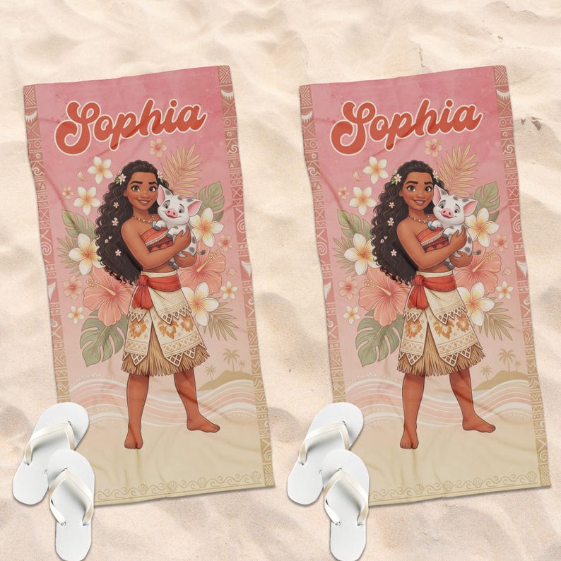 May include: Two rectangular beach towels featuring a cartoon character with long dark hair holding a small pig, surrounded by tropical flowers and palm leaves. The name Sophia is printed in a large orange script font at the top of each towel.
