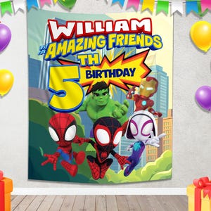 Puede incluir: Una colorida pancarta de cumplea&ntilde;os con el texto "WILLIAM and his AMAZING FRIENDS 5TH BIRTHDAY" y personajes de superh&eacute;roes de dibujos animados. La pancarta incluye a Spider-Man, Hulk, Iron Man y Spider-Gwen, con un tel&oacute;n de fondo de ciudad y globos.