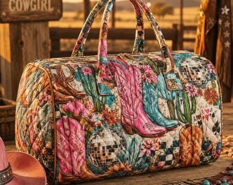 Western Cowgirl Quilted Weekender Bag, Pink Cowboy Boots Duffle Bag, Rodeo Travel Tote, Nashville Girls Trip Bag OQBREN013