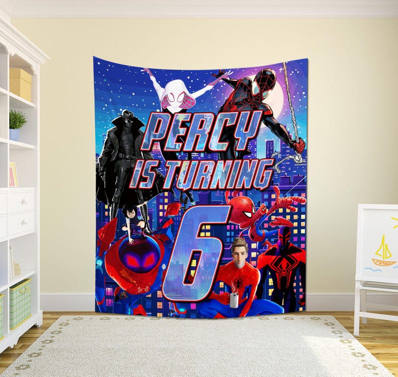 May include: A rectangular wall tapestry featuring a vibrant Spider-Verse themed graphic with multiple characters, a large blue number 6, and the text PERCY IS TURNING in bold blue and red lettering against a dark blue city skyline background.