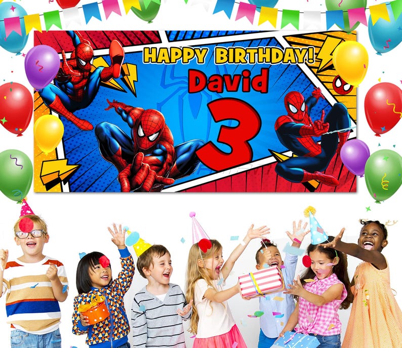 Puede incluir: Una colorida pancarta de cumplea&ntilde;os con gr&aacute;ficos de Spider-Man y el texto "HAPPY BIRTHDAY! David 3". La pancarta est&aacute; decorada con globos y serpentinas. Los ni&ntilde;os celebran una fiesta de cumplea&ntilde;os.