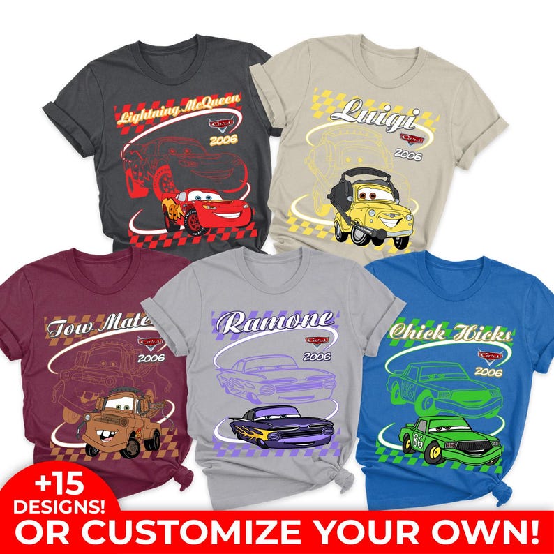 May include: Five short-sleeve t-shirts in charcoal, beige, maroon, light gray, and blue, each featuring a Disney Pixar Cars character graphic with their name, the Cars logo, and the year 2006. The characters include Lightning McQueen, Luigi, Tow Mater, Ramone, and Chick Hicks.