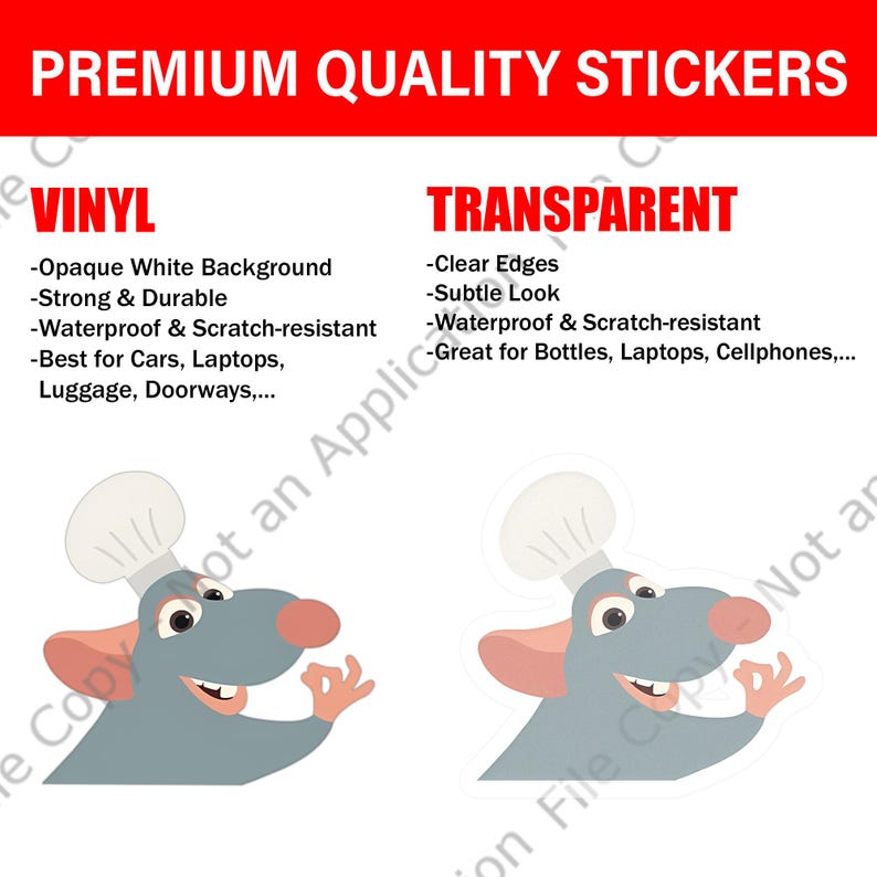 Puede incluir: La imagen presenta dos pegatinas de un chef de dibujos animados con un gorro de chef blanco, cuerpo gris y orejas y nariz rosas. El texto superior dice "PREMIUM QUALITY STICKERS". La pegatina izquierda es de vinilo, la derecha es transparente.