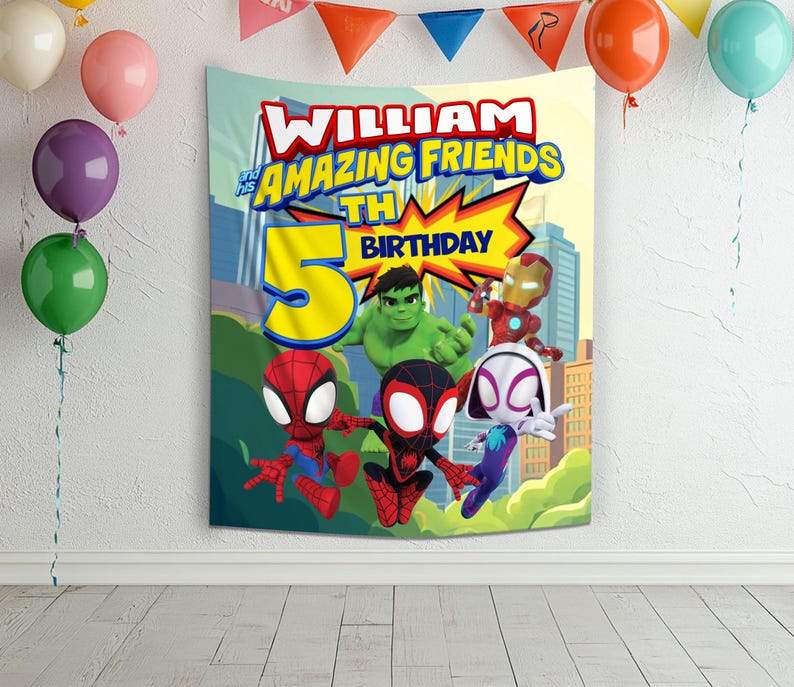 Puede incluir: Una colorida pancarta de cumplea&ntilde;os con el texto "WILLIAM and his AMAZING FRIENDS 5TH BIRTHDAY" y personajes de superh&eacute;roes de dibujos animados. La pancarta est&aacute; decorada con globos de varios colores, incluyendo amarillo, rosa, morado, verde, naranja y azul.