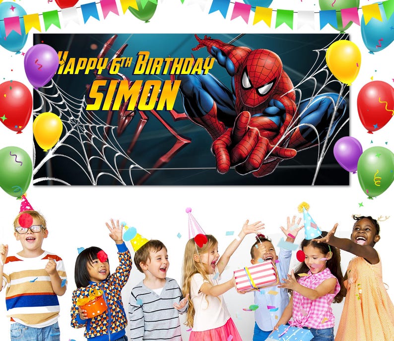 May include: A banner with Spider-Man and the text "Happy 6th Birthday Simon". The image shows a birthday party with children and balloons. The banner has a blue background with a spider web design.
