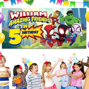 Puede incluir: Una pancarta de cumplea&ntilde;os con el texto "WILLIAM and his AMAZING FRIENDS 5TH BIRTHDAY" y superh&eacute;roes de dibujos animados. Tambi&eacute;n se ven globos de colores y ni&ntilde;os celebrando una fiesta de cumplea&ntilde;os.