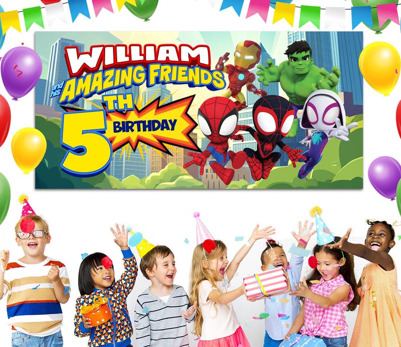 Puede incluir: Una pancarta de cumplea&ntilde;os con el texto "WILLIAM and his AMAZING FRIENDS 5TH BIRTHDAY" y superh&eacute;roes de dibujos animados. Tambi&eacute;n se ven globos de colores y ni&ntilde;os celebrando una fiesta de cumplea&ntilde;os.