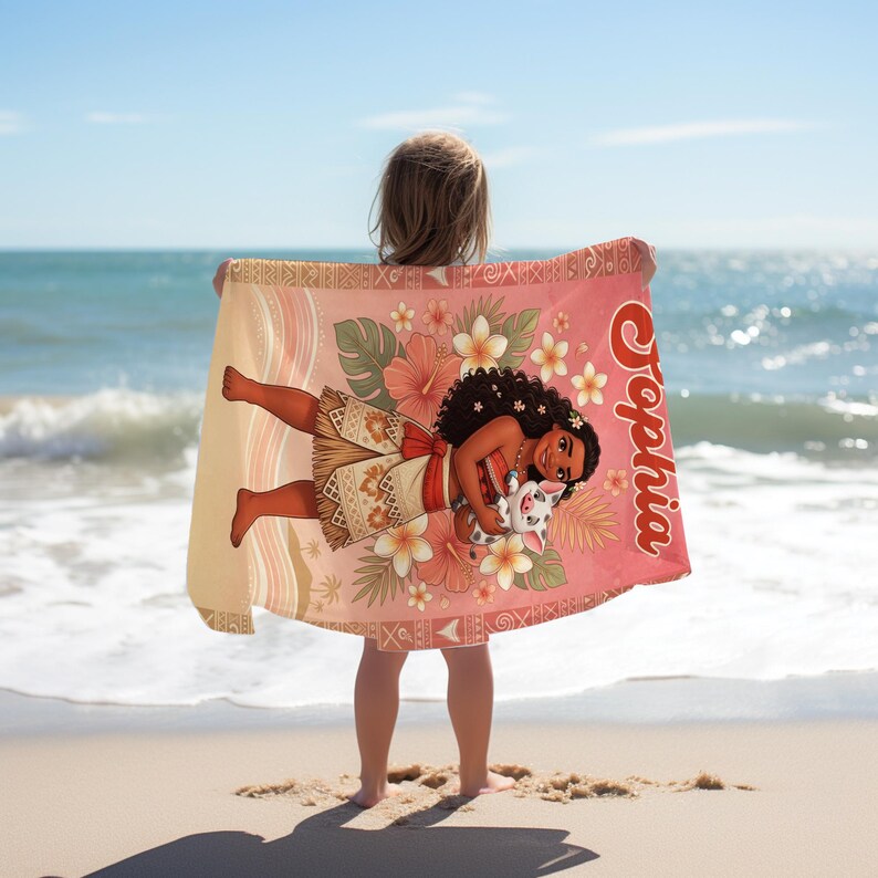 Personalized Moana Beach Towel, Custom Name Moana Towel, Kids Beach Towel, Hawaiian Princess Pool Towel, Birthday Gift AYET19 image 3