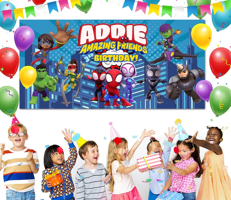 May include: A banner with the text "ADDIE AMAZING FRIENDS 3RD BIRTHDAY!" is displayed above a group of children. The banner features cartoon characters and is decorated with balloons in various colors.