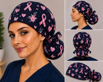 Breast Cancer Awareness Bouffant Scrub Cap, Pink Ribbon Surgical Cap, Nurse Ponytail Scrub Hat, Oncology Gift ARD-HFZ11