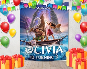 Moana Birthday Party Backdrop/Moana Birthday Banner/Custom Moana Backdrop/Kids Birthday Decor/Custom Birthday Backdrop OHQ525