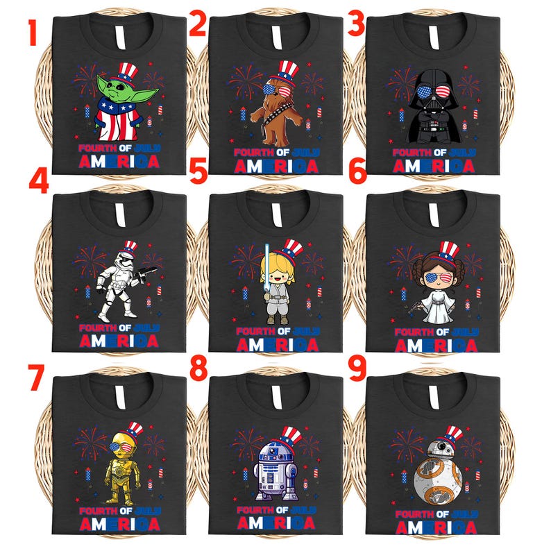 May include: Nine black t-shirts with various Star Wars characters wearing patriotic hats and holding fireworks. Each shirt has the text "Fourth of July America" in red, white, and blue.