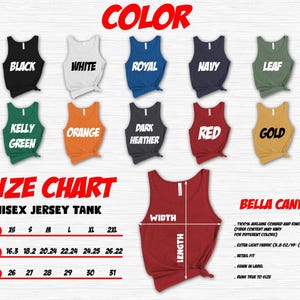 May include: A product image showcasing a variety of unisex jersey tank tops in various colors, including black, white, and red. The image also features a size chart with measurements in inches and details about the Bella Canvas fabric.
