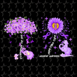 Alzheimer Awareness PNG Bundle with Purple Elephants Flowers Ribbons and Support Quotes for Sublimation and Digital Printing