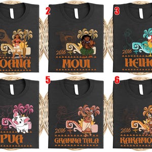 May include: A collection of six black t-shirts, each featuring a unique character graphic from the movie Moana. The designs include Moana, Maui, Heihei, Pua, Gramma Tala, and Kakamora, all accompanied by the year 2016 and stylized tropical motifs.