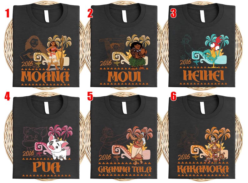 May include: A collection of six black t-shirts, each featuring a unique character graphic from the movie Moana. The designs include Moana, Maui, Heihei, Pua, Gramma Tala, and Kakamora, all accompanied by the year 2016 and stylized tropical motifs.