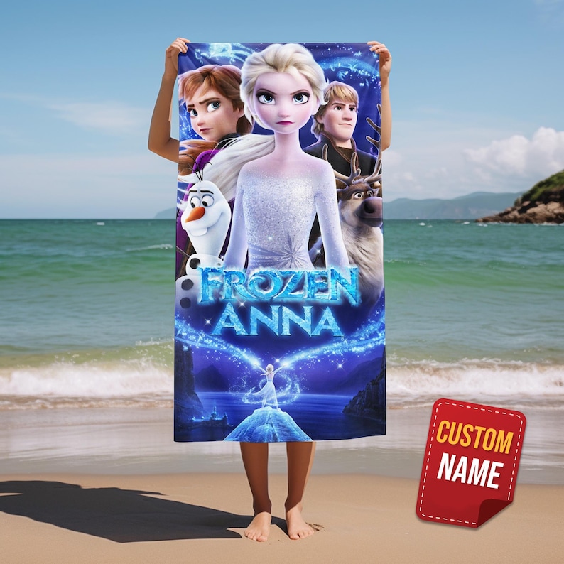 May include: A beach towel featuring characters from the animated movie Frozen. The towel has a blue background with the words "Frozen Anna" in white and blue. The characters include Elsa, Anna, Olaf, Kristoff, and Sven. A red tag with the words "Custom Name" is in the bottom right corner.