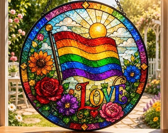 Rainbow Love Stained Glass Suncatcher, LGBTQ Pride Window Hanging, Colorful Rainbow Flag Sun Catcher Decor Gift SMWZ44