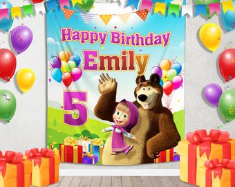 Masha and The Bear Birthday Backdrop | Masha and The Bear Birthday Banner / Masha Bear Backdrop / Custom Name Masha Birthday Backdrop KDMN07