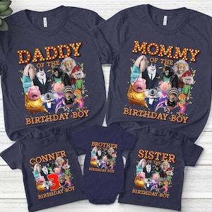 May include: Navy blue family birthday shirts with cartoon characters. The shirts read "Daddy of the Birthday Boy", "Mommy of the Birthday Boy", "Brother of the Birthday Boy", "Sister of the Birthday Boy", and "Conner 3 Birthday Boy".