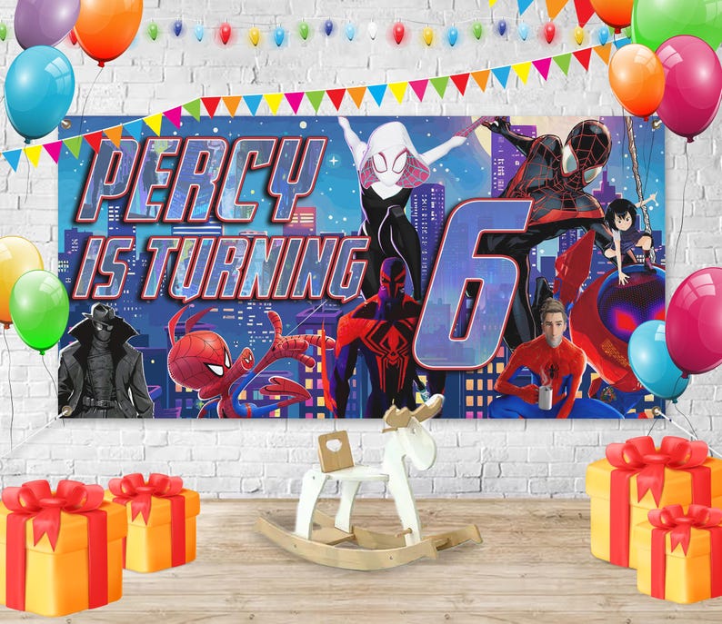 May include: A birthday banner featuring Spider-Man characters and the text PERCY IS TURNING 6, surrounded by colorful balloons and bunting. In the foreground, a white wooden rocking horse sits between two yellow gift boxes with red ribbons.