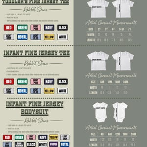 May include: Product information for toddler and infant fine jersey tees and bodysuits. The image displays color options and actual garment measurements in inches for various sizes. Colors include red, green, pink, navy, black, and more.