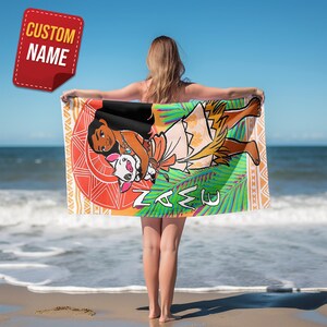 May include: A rectangular beach towel featuring a cartoon illustration of a character with black hair and a pig. The towel has a colorful design with the word "NAME" and a red "CUSTOM NAME" label.
