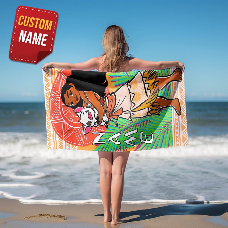 May include: A rectangular beach towel featuring a cartoon illustration of a character with black hair and a pig. The towel has a colorful design with the word "NAME" and a red "CUSTOM NAME" label.