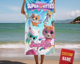 SuperKitties Beach Towel, Personalized Cat Hero Beach Towel, Custom Name Kids Pool Towel Gift OFZ107