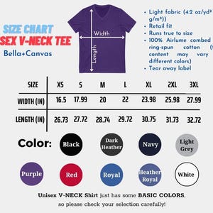 May include: A size chart for a unisex V-neck tee shirt, with measurements in inches. The chart includes sizes XS to 3XL, with width and length dimensions. Color options include black, dark heather, navy, light grey, purple, red, royal, heather royal, and white.