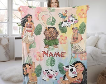 Personalized Watercolor Disney Moana Blanket, Baby Girl Princess Moana Birthday Girl Gift, WDW Disneyland Maui Hei Hei Family Decor KCUL03
