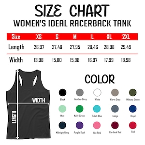 May include: Size chart for a racerback tank top, with measurements in centimeters. The chart includes sizes XS to 2XL, with length and width dimensions. Color options are displayed below, including black, grey, white, and various other colors.